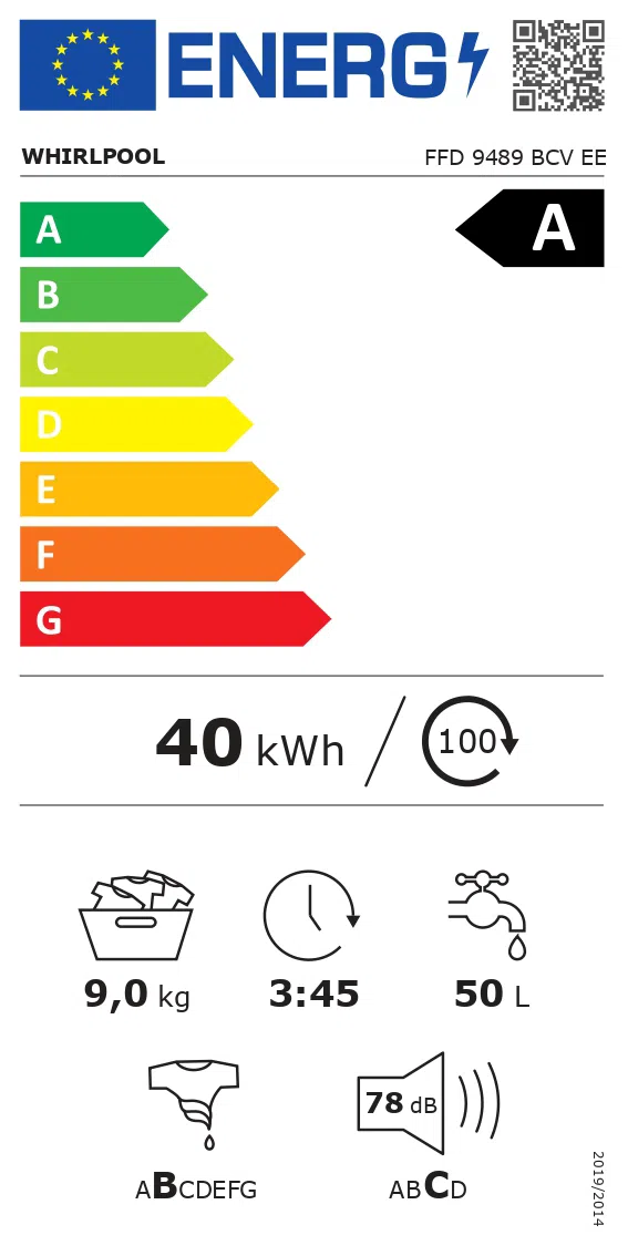 Whirlpool Washing machine | FFD 9489 BCV EE | Energy efficiency class A | Front loading | Washing capacity 9 kg | 1400 RPM | Depth 63 cm | Width 60 cm | Display | LCD | Steam function | White